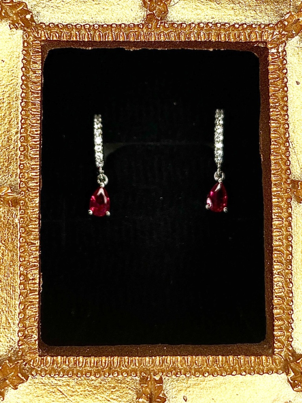Lab Ruby Drop, Sterling Silver and CZ Huggie Hoops - stamped .925 - Picture 5 of 5